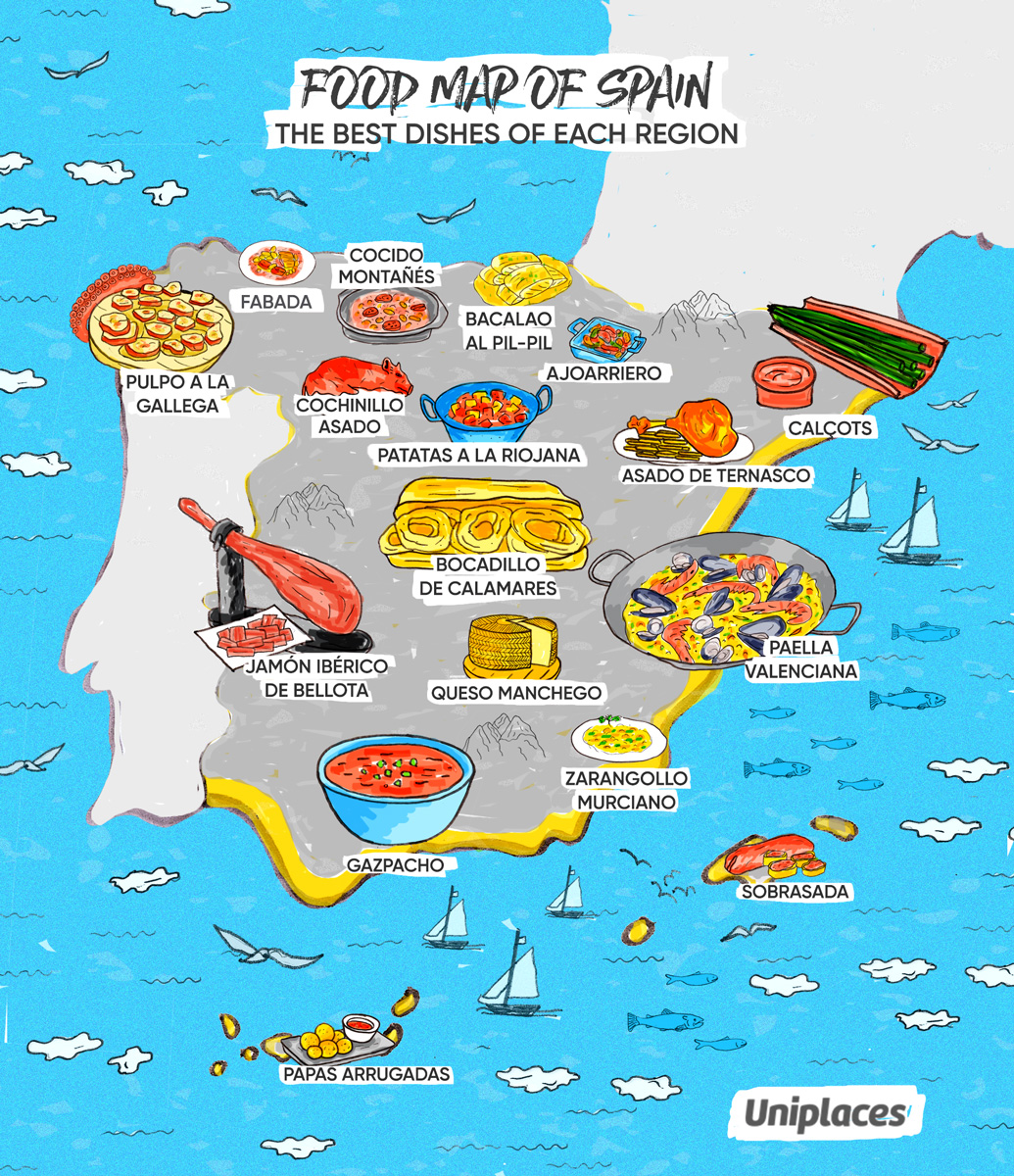 Regional food map infographic of Spain